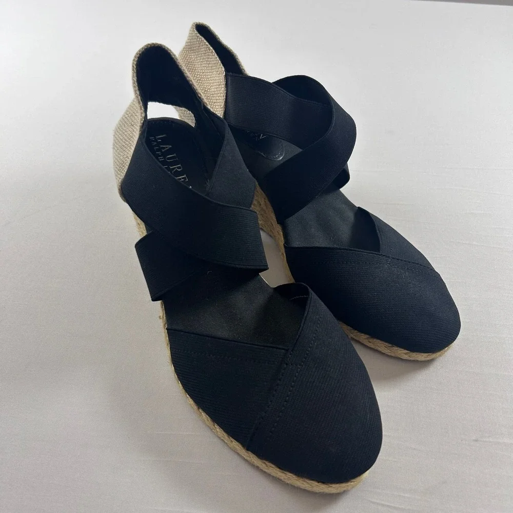 Lauren Ralph Lauren Wedge Sandals Women 8.5 Black Elastic Cross Strap Espadrille